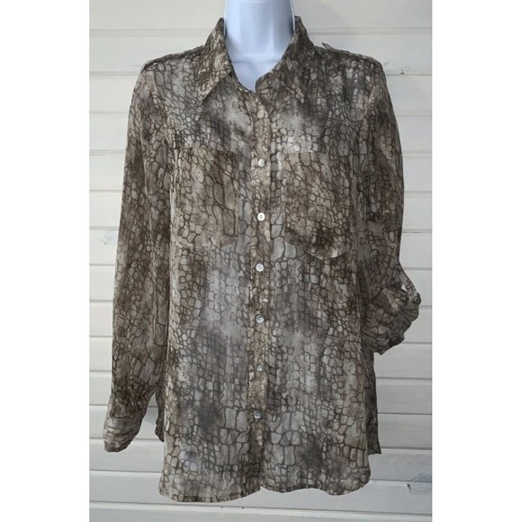 Chicos Sz 1 (MEDIUM) Reptile Croc Print Roll Tab Sleeve Chiffon Blouse Tunic EUC - Picture 3 of 11